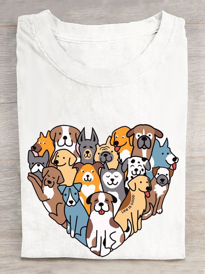 Heart shaped dog print round neck casual short sleeved T-shirt