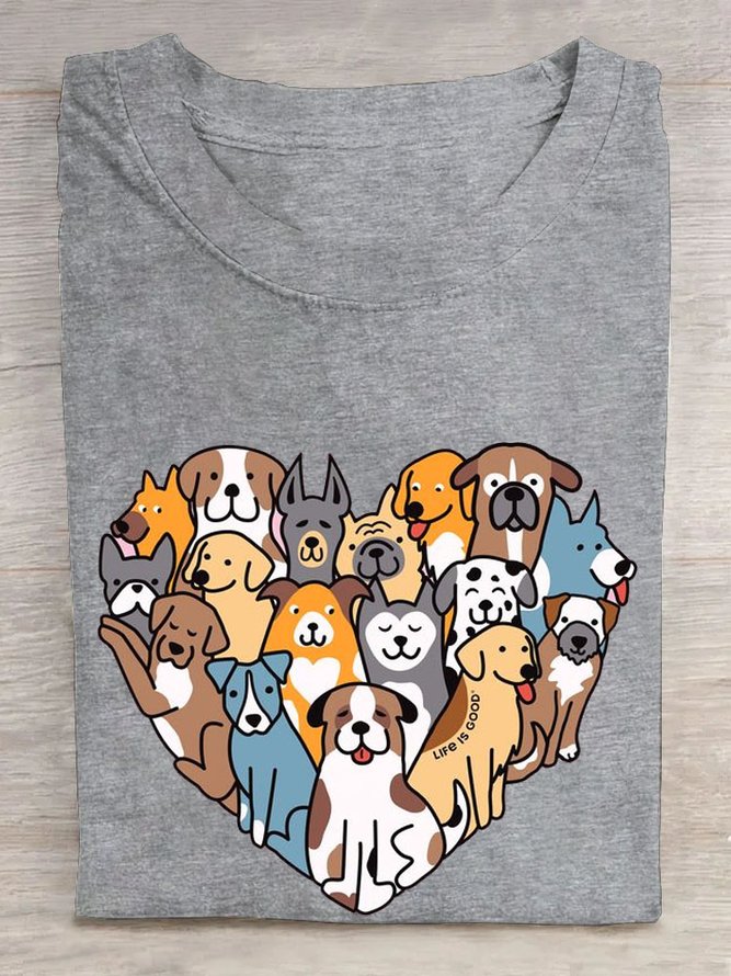 Heart shaped dog print round neck casual short sleeved T-shirt