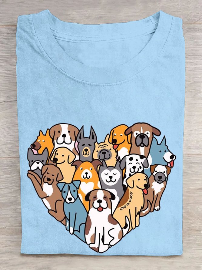 Heart shaped dog print round neck casual short sleeved T-shirt