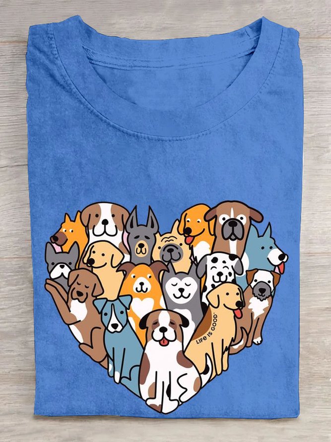 Heart shaped dog print round neck casual short sleeved T-shirt