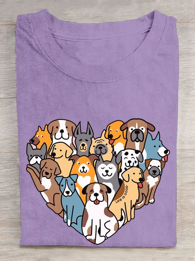Heart shaped dog print round neck casual short sleeved T-shirt