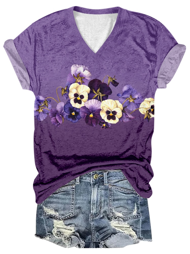 Women's Alzheimer's Purple Floral Print V-Neck T-Shirt