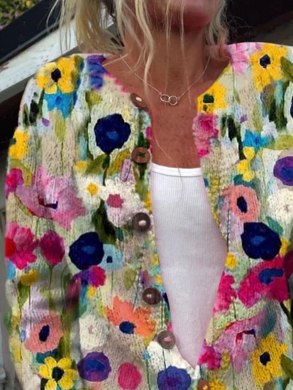 Floral Casual Loose Buttoned Cardigan