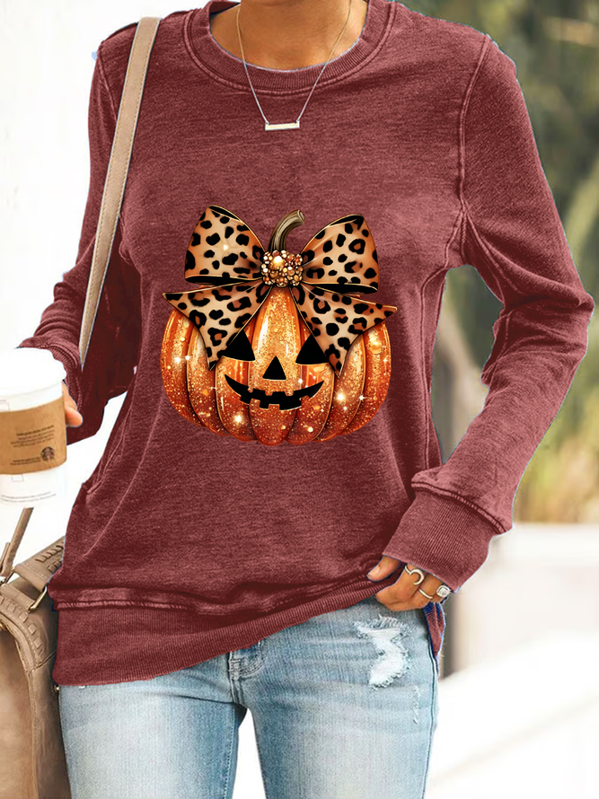 Leopard Coquette Bow Pumpkin Print Casual Sweatshirt