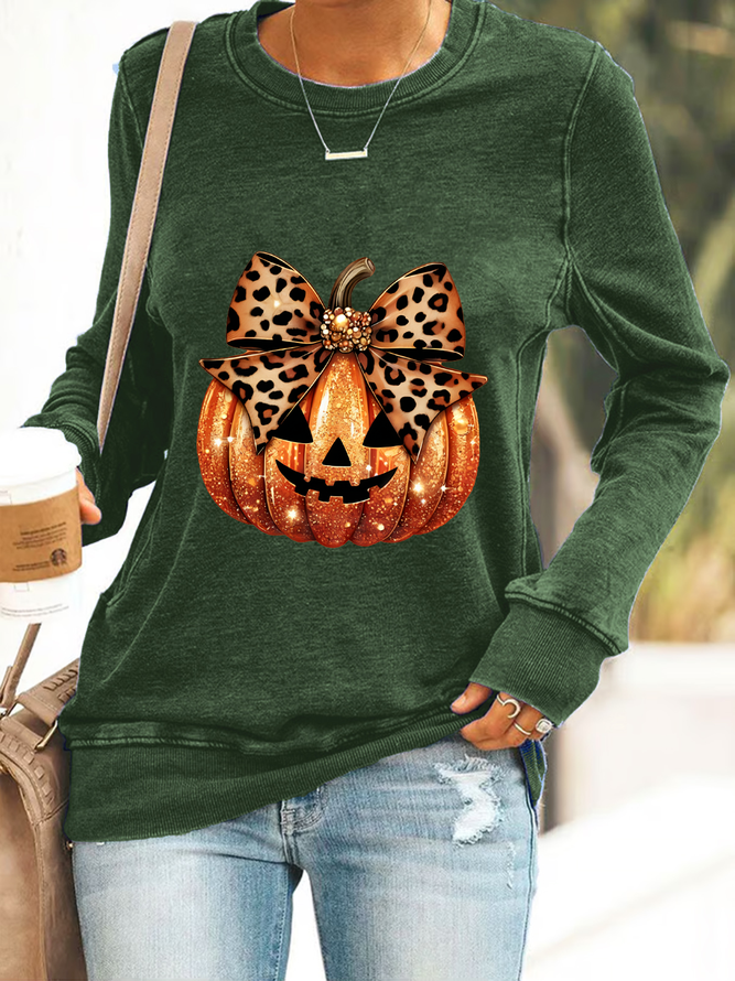 Leopard Coquette Bow Pumpkin Print Casual Sweatshirt