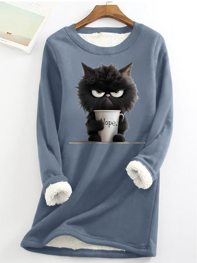 Women's Funny Cat Nope Casual Fluff Fleece Fabric Sweatshirt