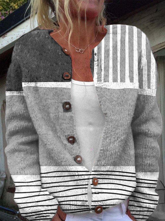 Buttoned Striped Others Casual Cardigan