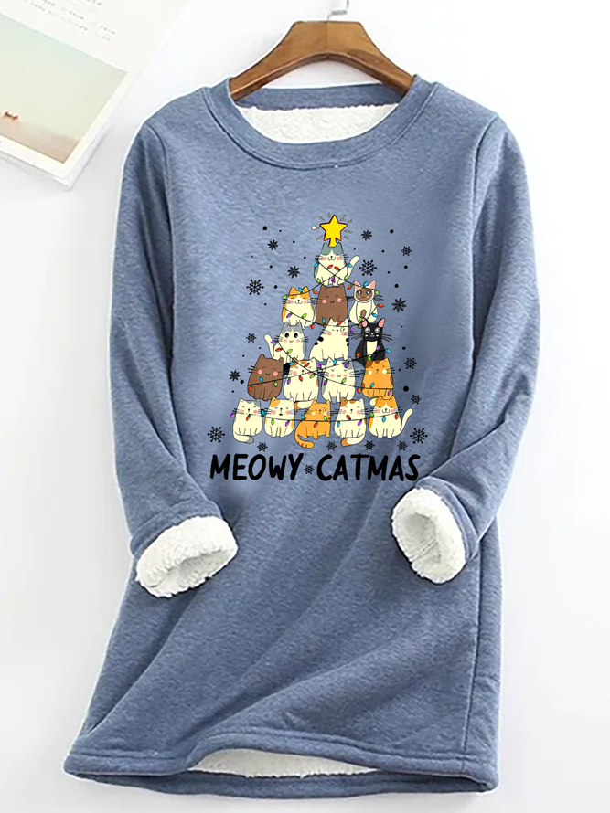 Meowy Catmas Casual Fluff Fleece Fabric Sweatshirt