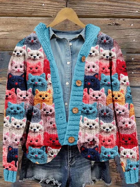 Crowded Cats Pink Knit Art Cozy Hooded Cardigan