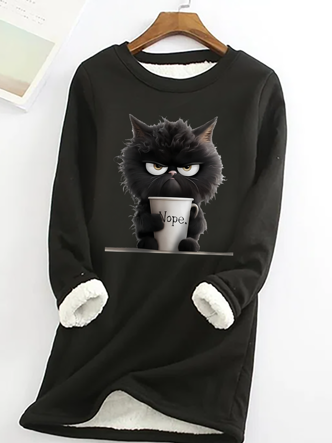 Women's Funny Cat Nope Casual Fluff Fleece Fabric Sweatshirt