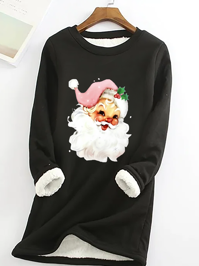 Christmas Retro Pink Santa Print Casual Fluff Fleece Fabric Sweatshirt