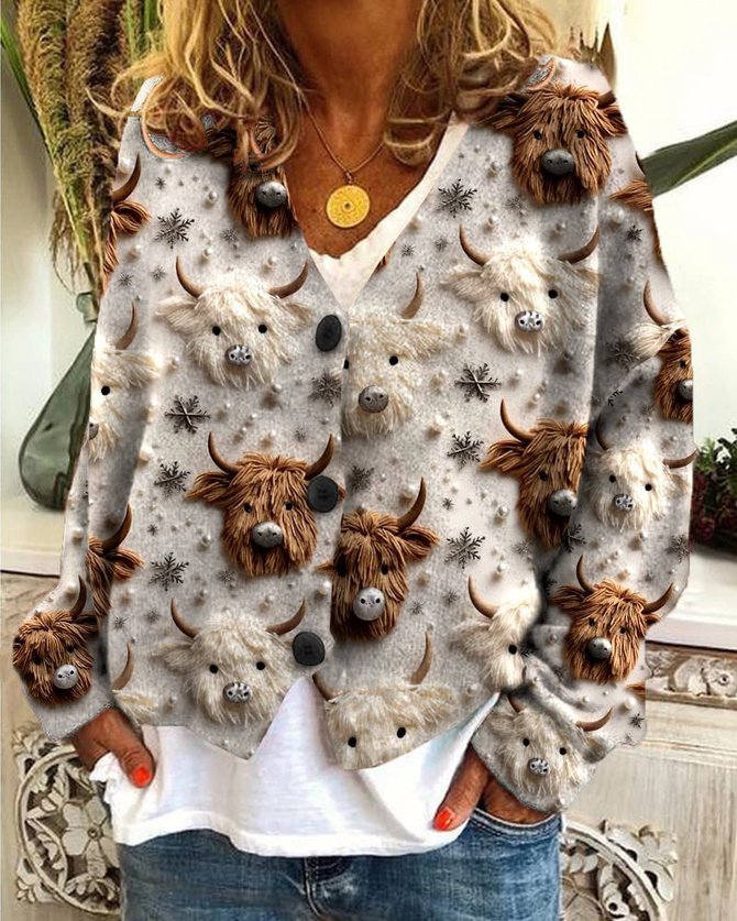 V Neck Knitted Casual Floral Cardigan