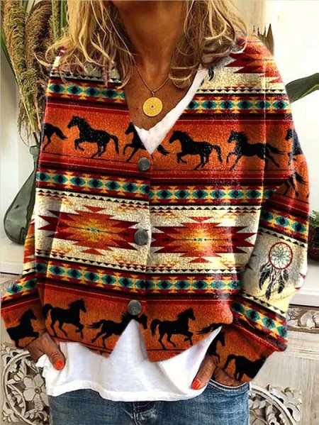 V Neck Knitted Casual Floral Cardigan