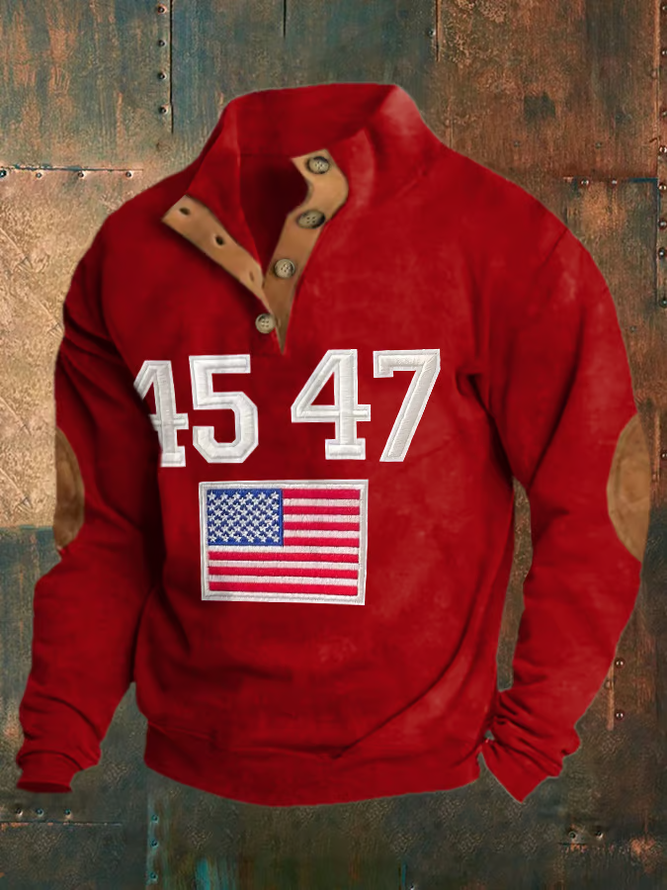 Men's Vintage Flag Print Button-Down Sweatshirt