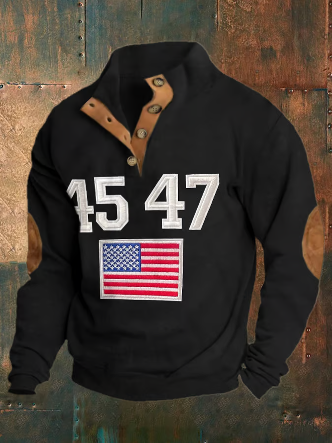 Men's Vintage Flag Print Button-Down Sweatshirt