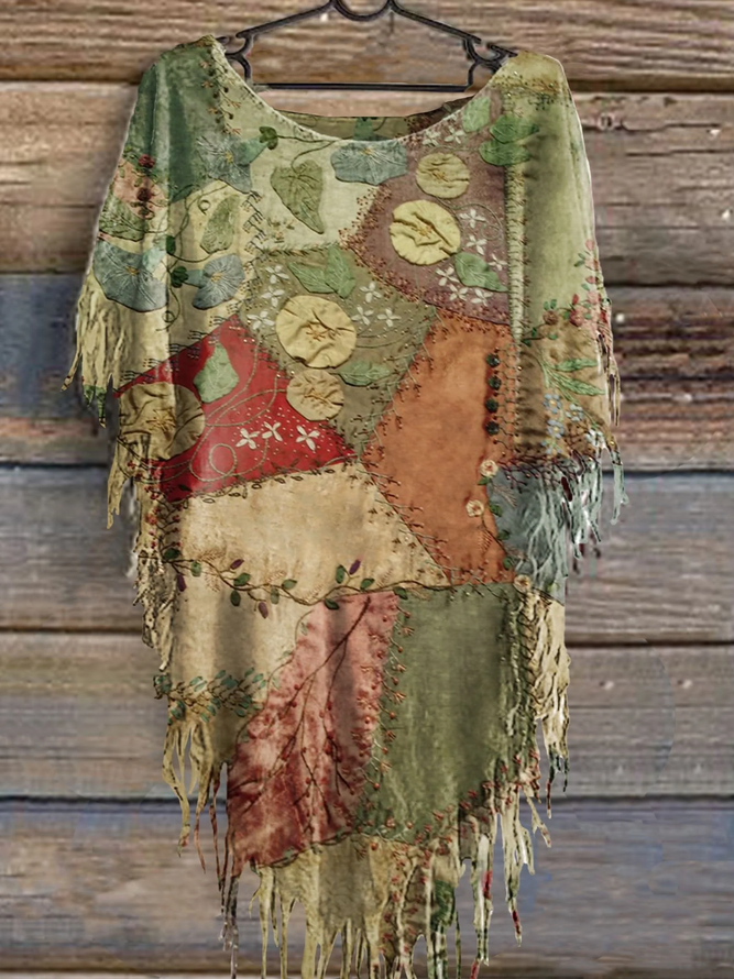 Women's Vintage Patchwork Print Punk Hippie Batwing Tussle Fringes Poncho T-Shirt