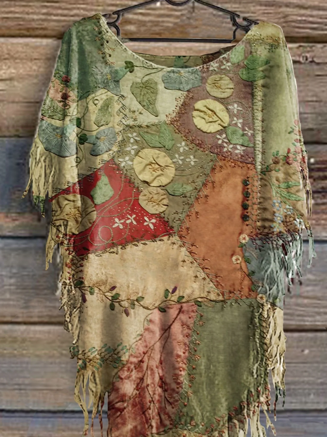 Women's Vintage Patchwork Print Punk Hippie Batwing Tussle Fringes Poncho T-Shirt