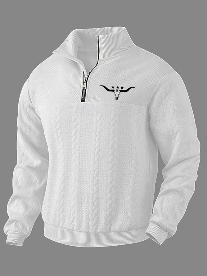 Men's Jacquard Cow Head Print Stand Collar Sweatshirt