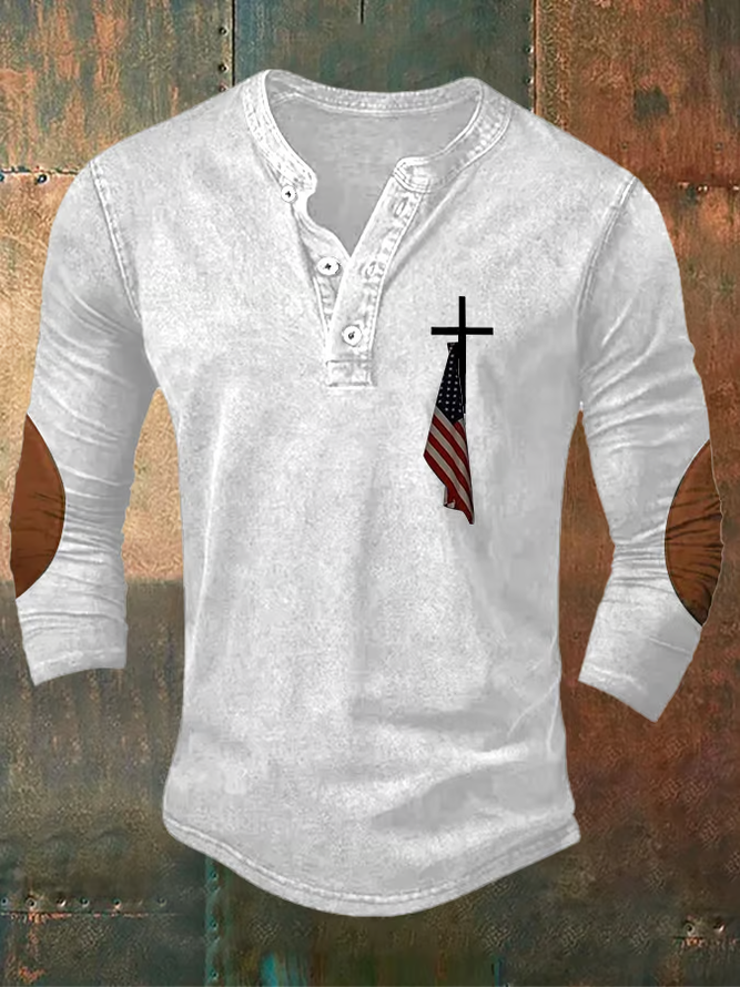 Men's Vintage Flag Cross Cotton Henley Shirt