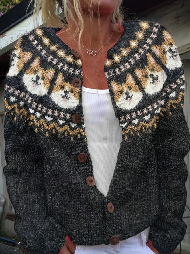 Women's Cute Dog Pattern Print Knit Cardigan