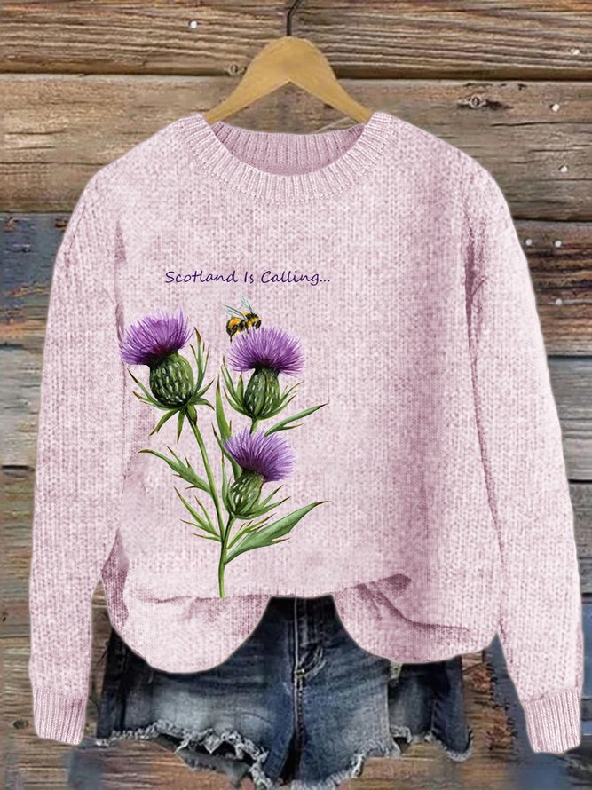 Purple plant flower round neck sweater