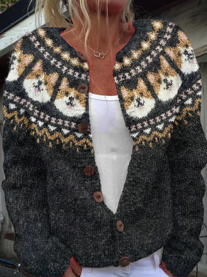 Women's Cute Dog Pattern Print Knit Cardigan