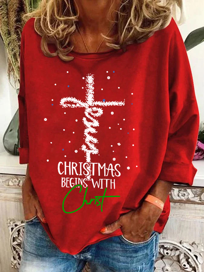 Christmas Begins With Christ Snowman Print Casual Sweatshirt