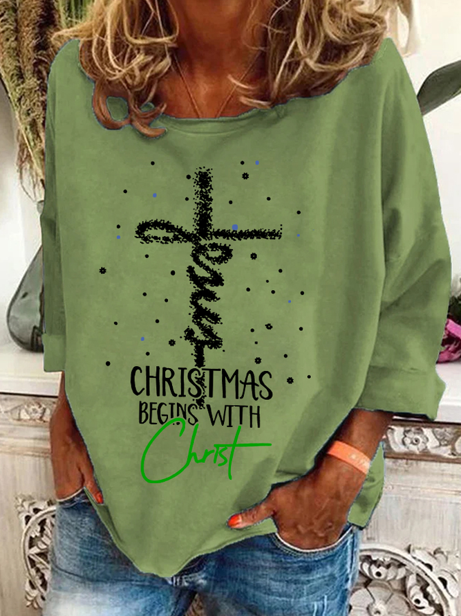 Christmas Begins With Christ Snowman Print Casual Sweatshirt