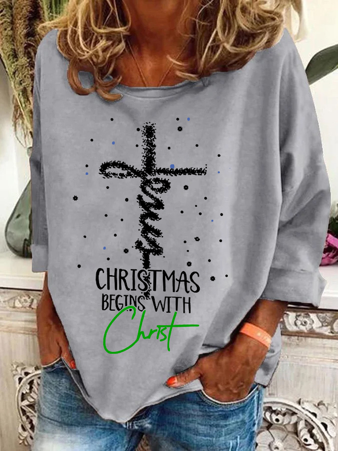 Christmas Begins With Christ Snowman Print Casual Sweatshirt