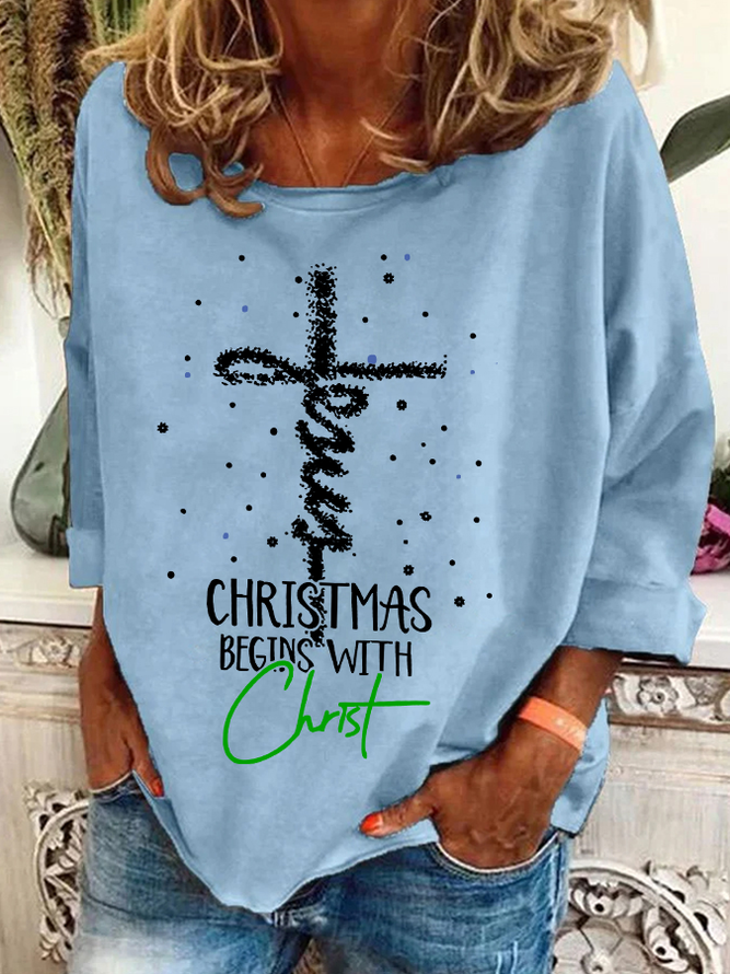 Christmas Begins With Christ Snowman Print Casual Sweatshirt