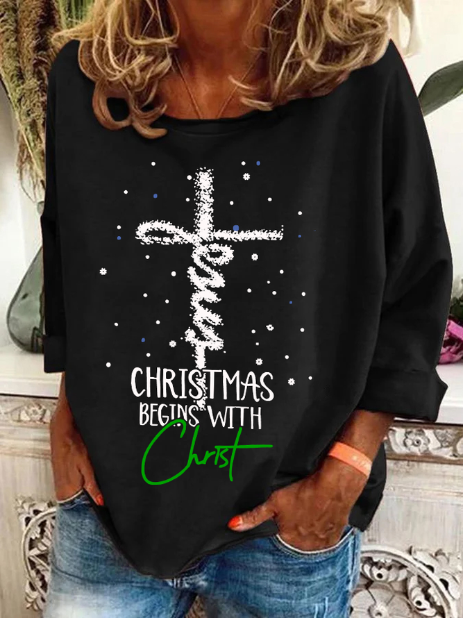 Christmas Begins With Christ Snowman Print Casual Sweatshirt