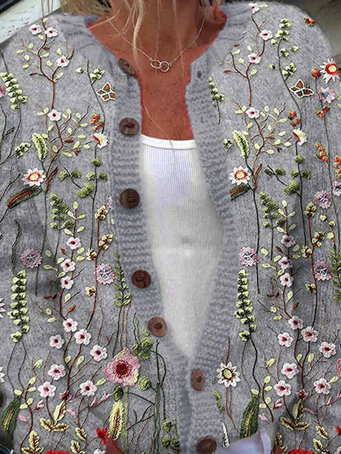 Floral Embroidery Pattern Buttoned Cardigan Sweater