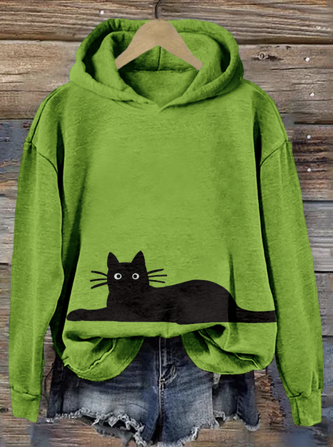 Cute Black Cat Pattern Print Vintage Cozy Hoodie