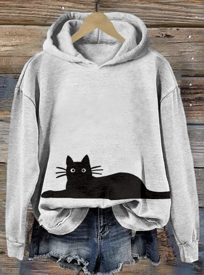 Cute Black Cat Pattern Print Vintage Cozy Hoodie