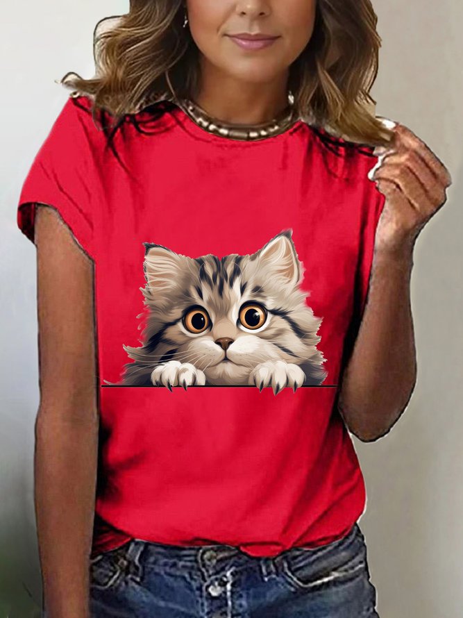 Women's Short Sleeve T-shirt Summer Black Cat Cotton-Blend Crew Neck Daily Going Out Casual Top