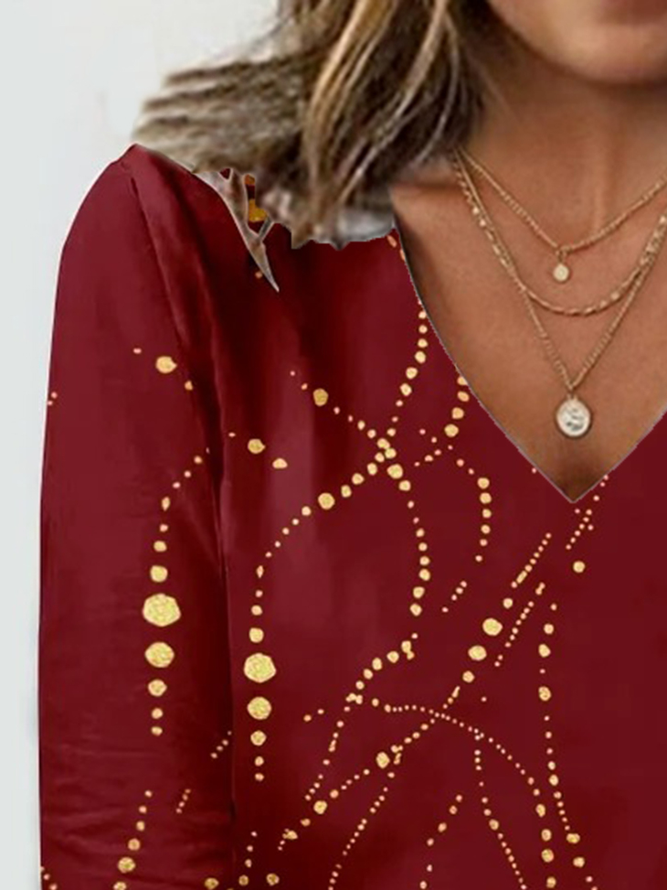 Geometric Print Long Sleeve V-Neck T-shirt