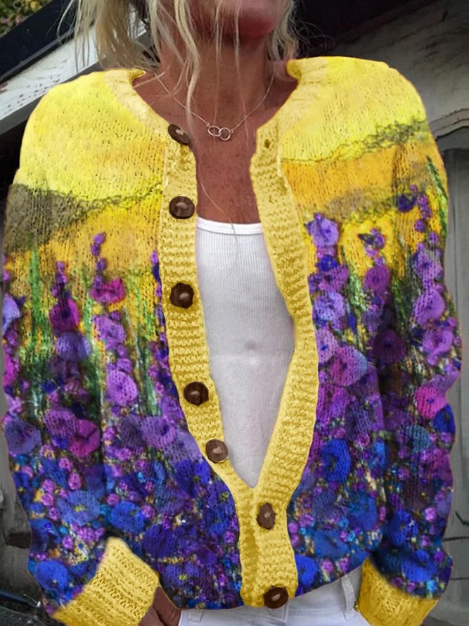 Purple Floral Fiber Art Cozy Knit Cardigan