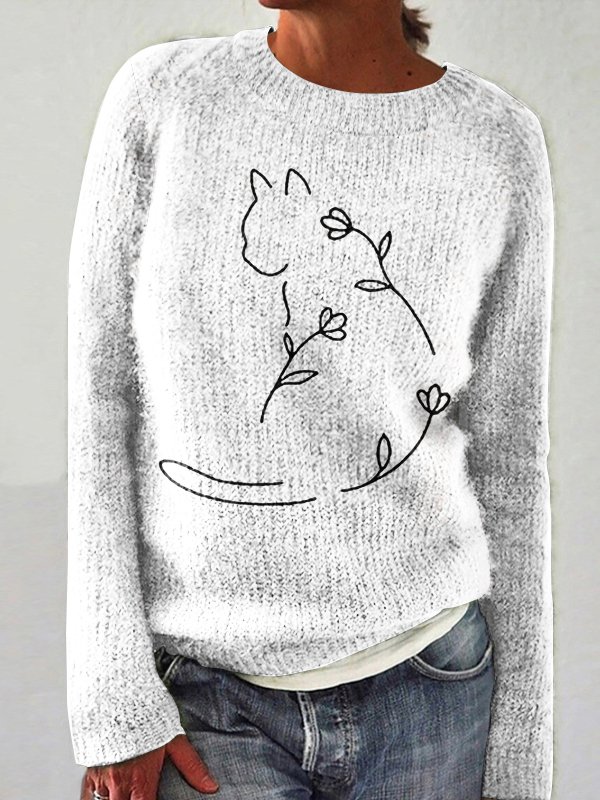 Minimalist Flower Cat Art Knitted Sweater