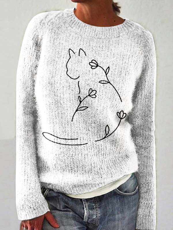 Minimalist Flower Cat Art Knitted Sweater