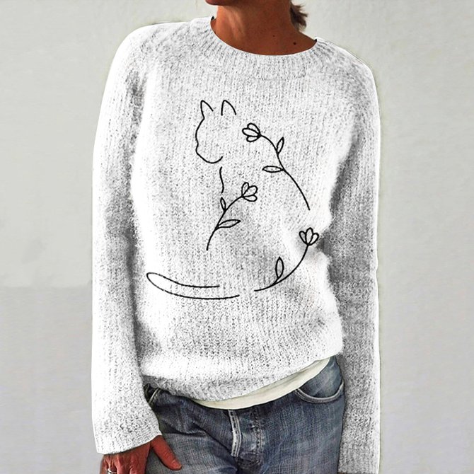 Minimalist Flower Cat Art Knitted Sweater