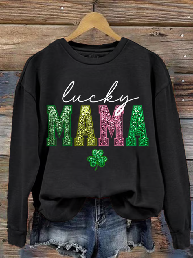 St. Patrick's Day Lucky MaMa Print Casual Crew Neck Sweatshirt