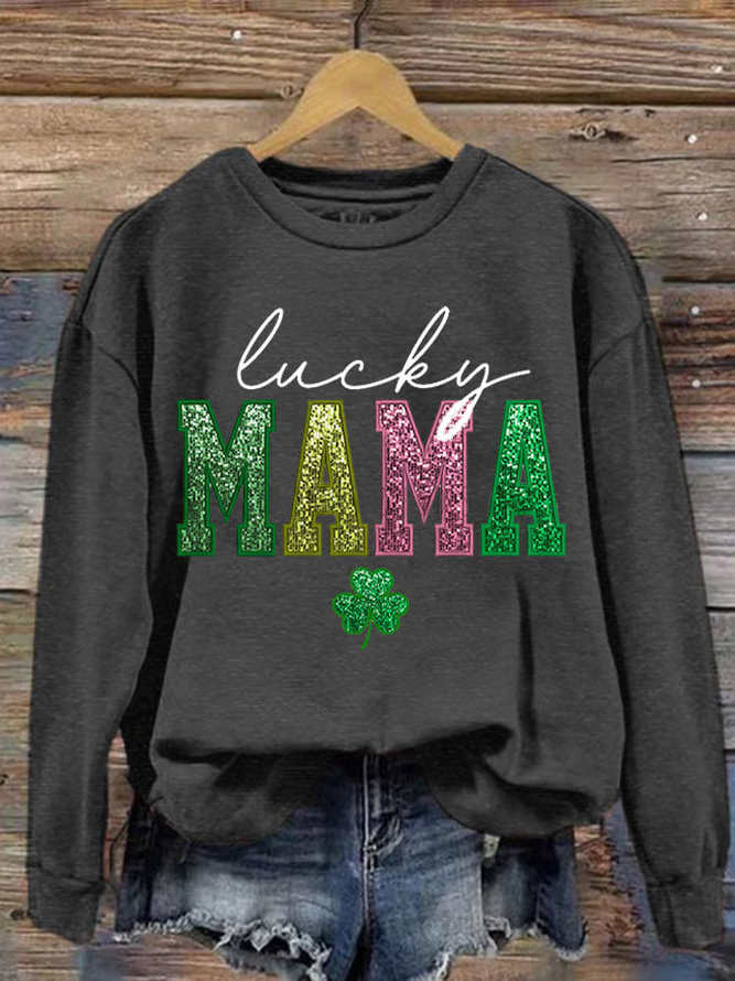 St. Patrick's Day Lucky MaMa Print Casual Crew Neck Sweatshirt