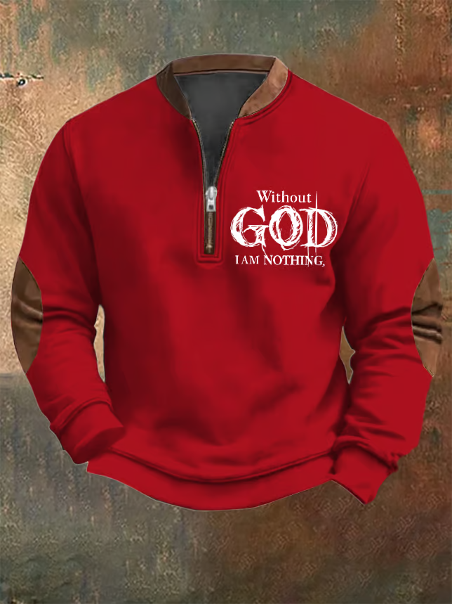 Men's Vintage Faith "Without God I Am Nothing," Printed Zip Collar Sweatshirt