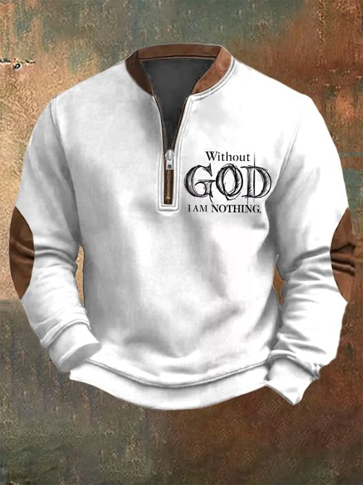 Men's Vintage Faith "Without God I Am Nothing," Printed Zip Collar Sweatshirt