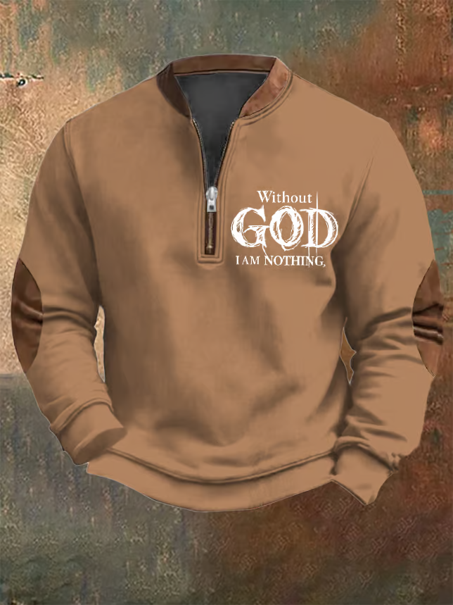 Men's Vintage Faith "Without God I Am Nothing," Printed Zip Collar Sweatshirt