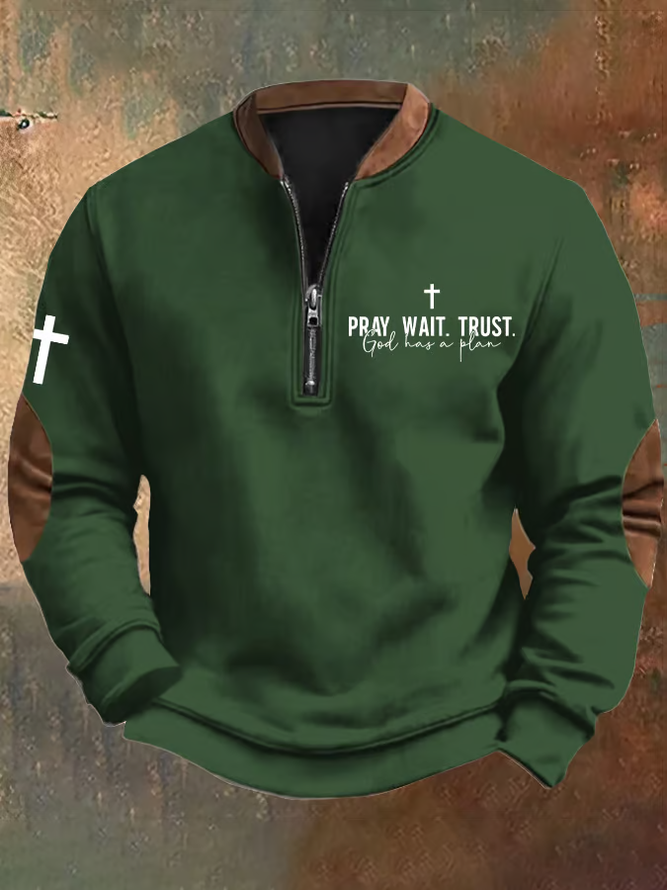 Men's Vintage Pray Wait Trust God Has A Plan Printed Sweatshirt