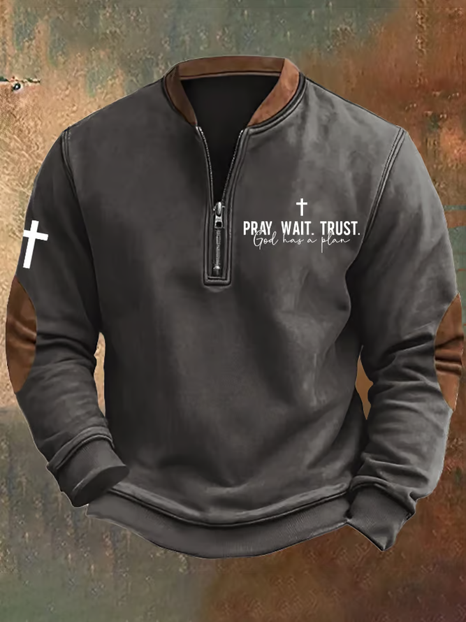 Men's Vintage Pray Wait Trust God Has A Plan Printed Sweatshirt