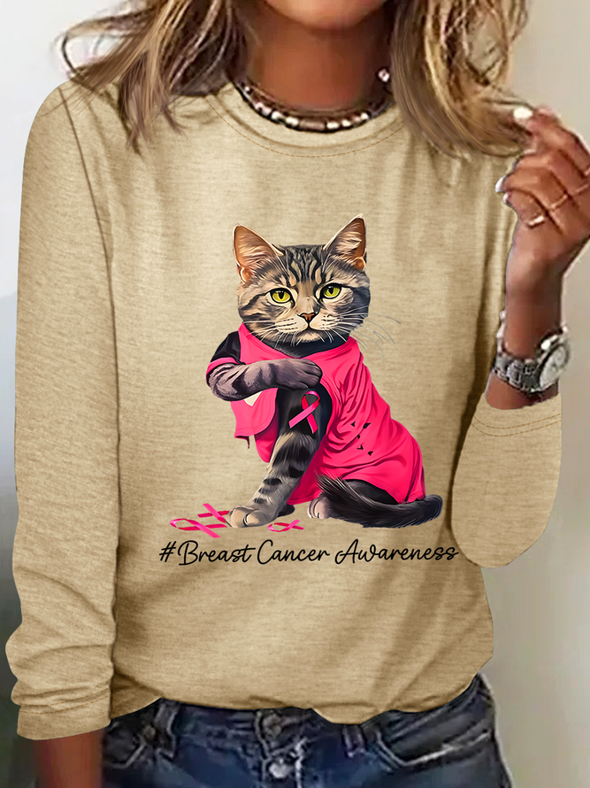 Breast Cancer Awareness Cat Casual Long Sleeve Shirt