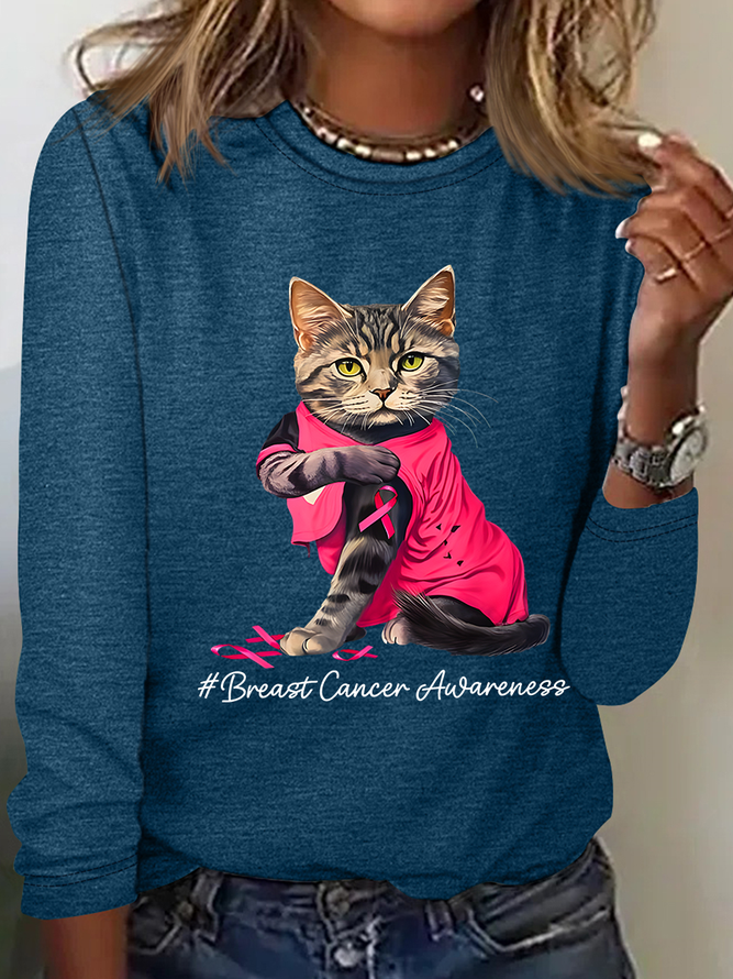 Breast Cancer Awareness Cat Casual Long Sleeve Shirt