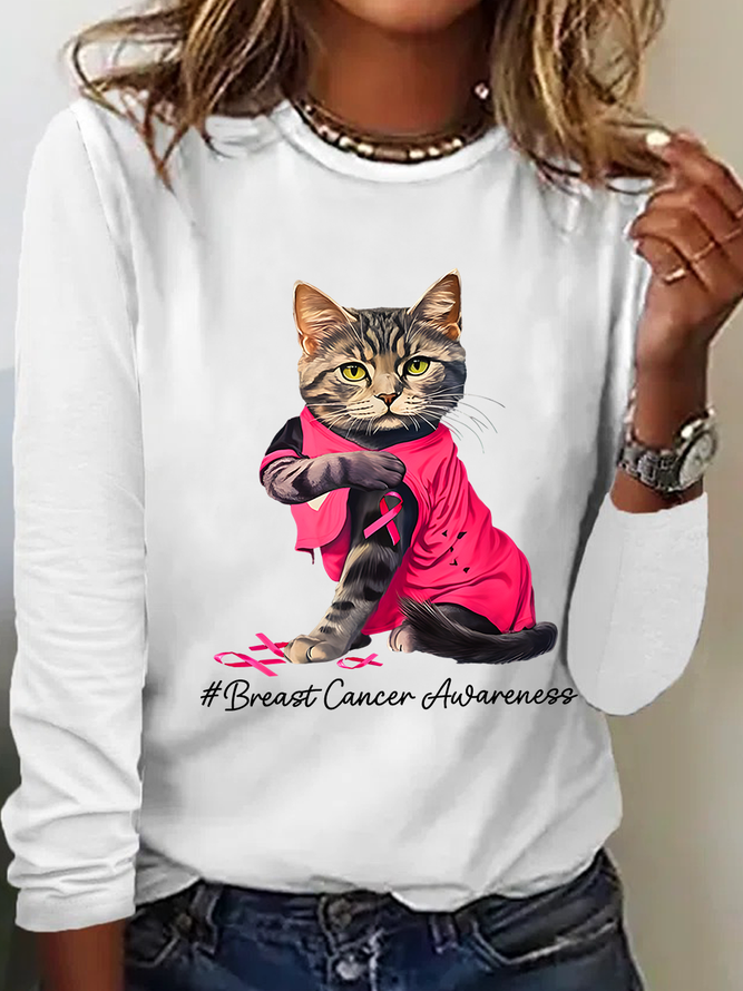 Breast Cancer Awareness Cat Casual Long Sleeve Shirt